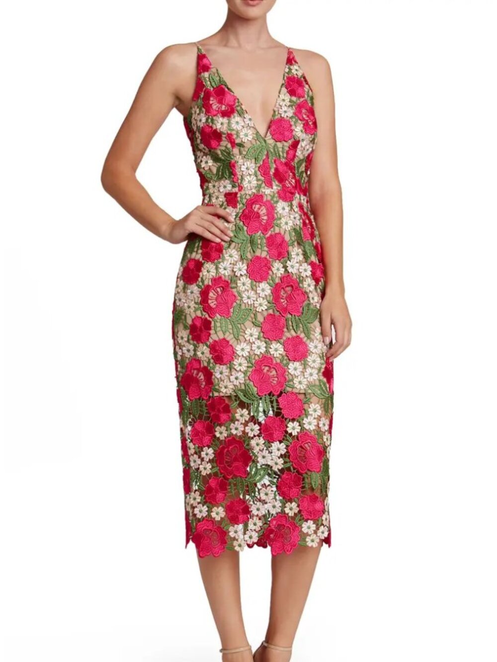 Dress the Population Aurora Floral Crochet Lace Midi Dress Size M Wedding Guest